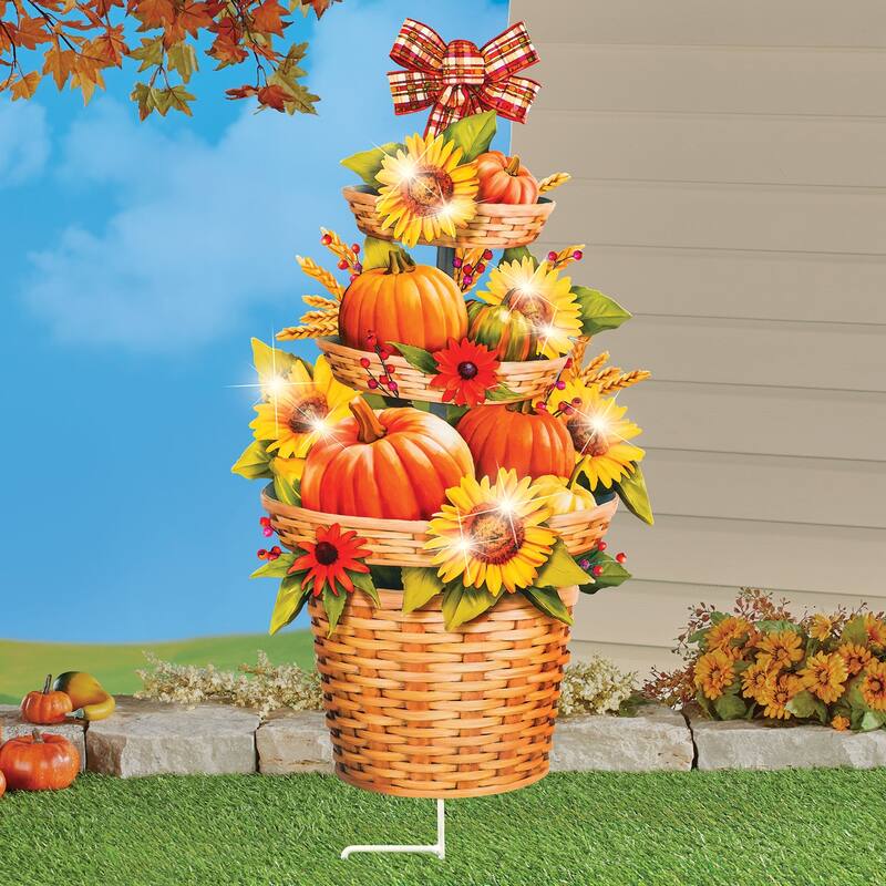 Solar Powered Autumn Topiary Outdoor Garden Stake - 12 x 28.5 x 1.25 - Orange - 12 x 28.5 x 1.25 - Iron