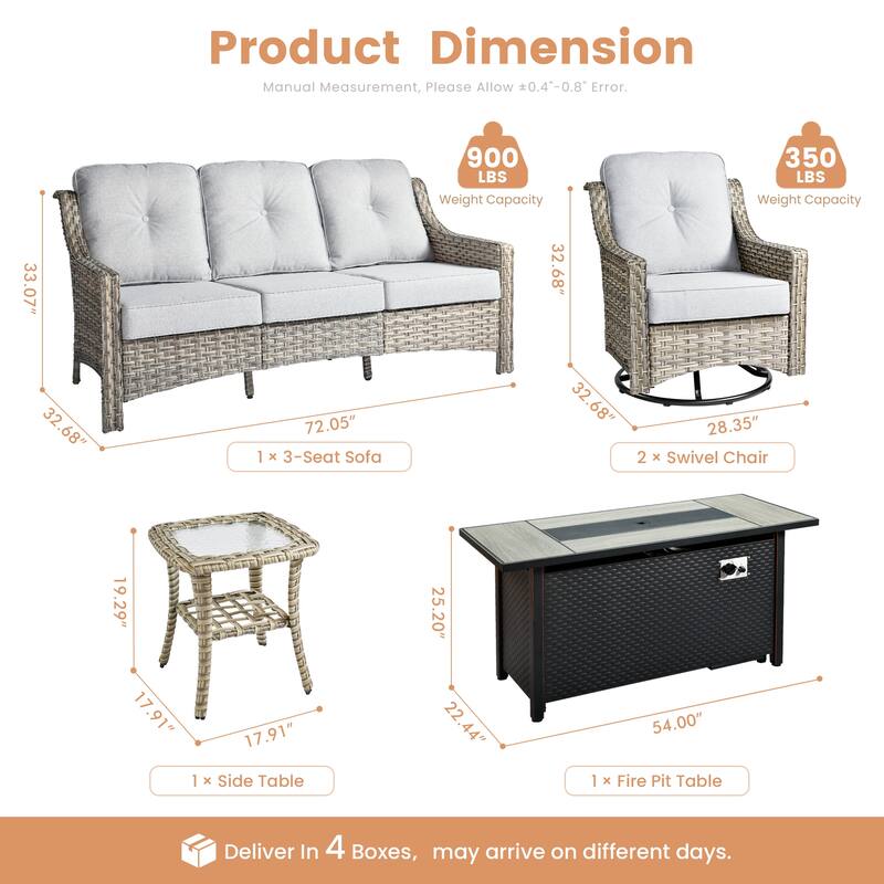 XIZZI 5-Piece Wicker Patio Furniture Set with Sofa, Swivel Chairs & Fire Pit