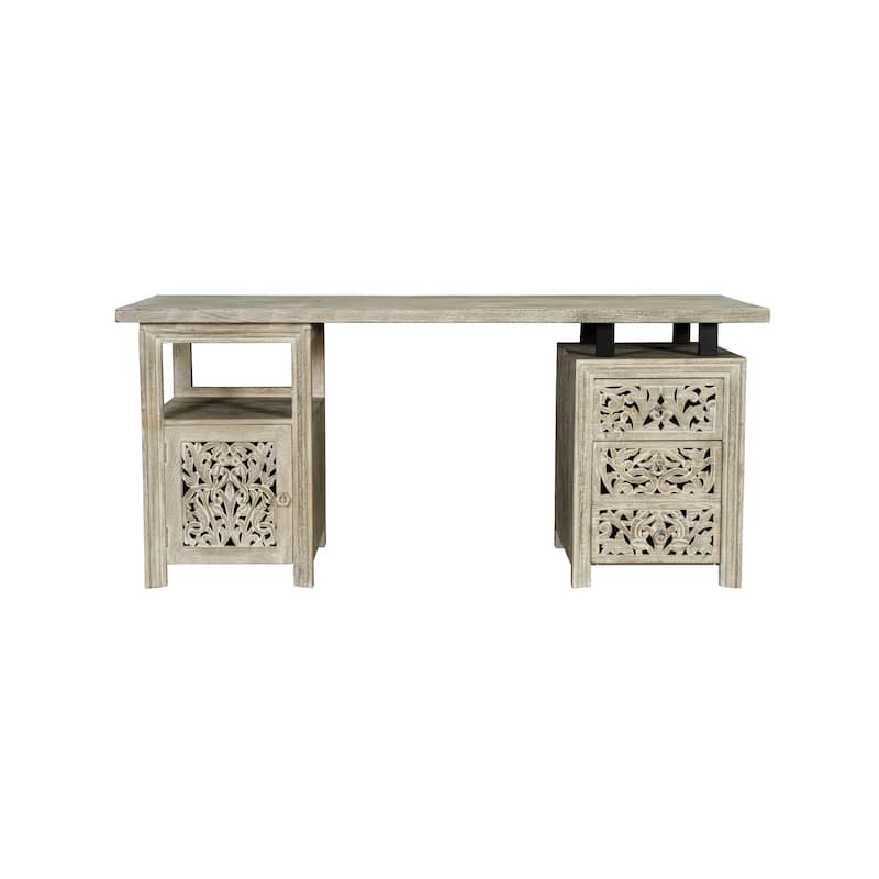Floral Motif Solid Wood Desk with 3 Drawers and 1 Door - White