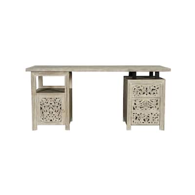 Floral Motif Solid Wood Desk with 3 Drawers and 1 Door