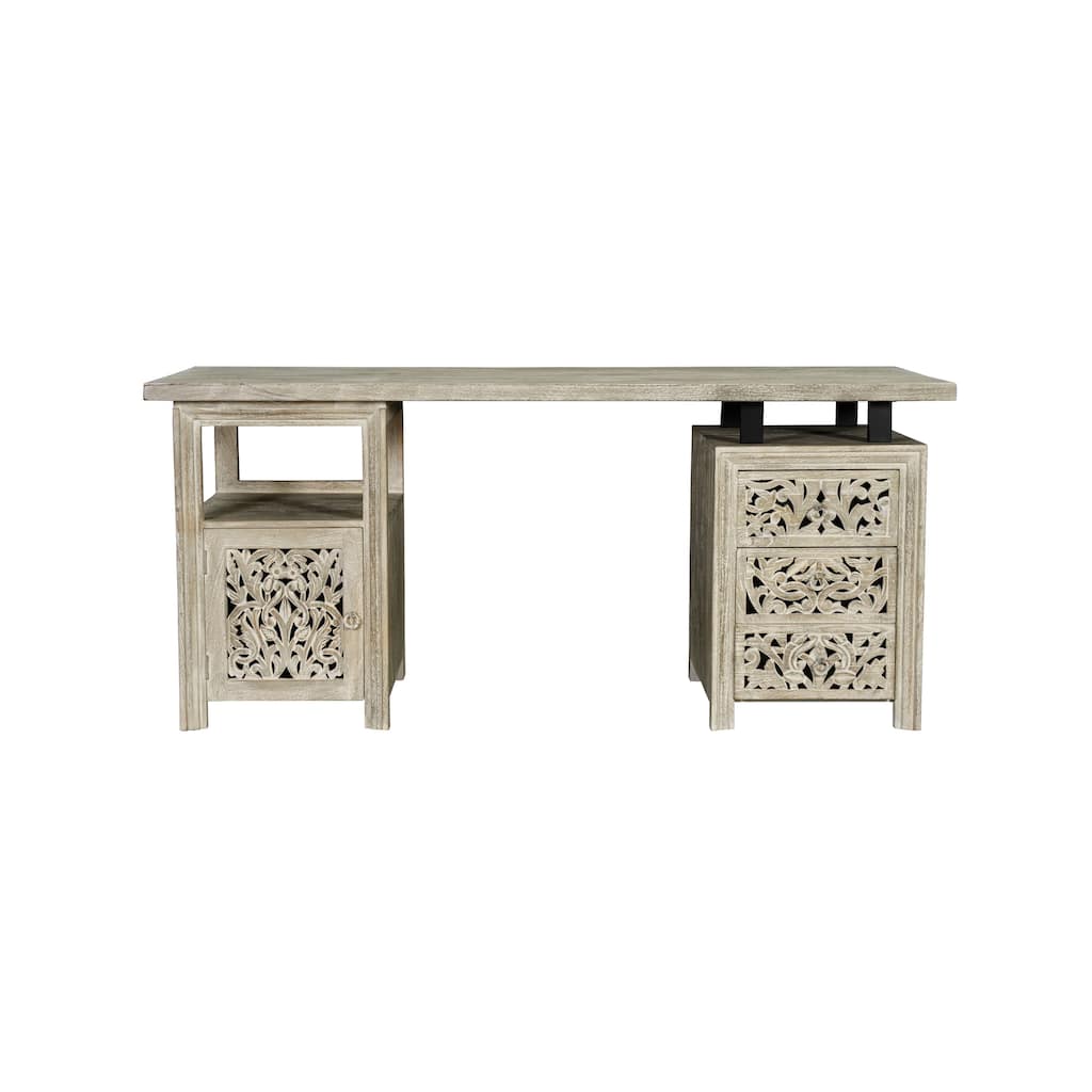 Floral Motif Solid Wood Desk with 3 Drawers and 1 Door