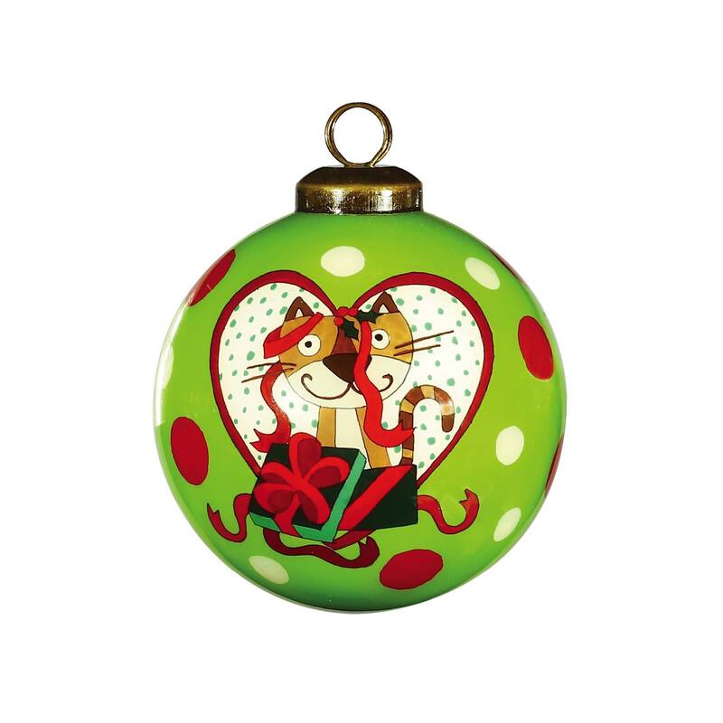 Charming Cat in a Heart Hand Painted Mouth Blown Glass Ornament - 3" x 3" x 3"