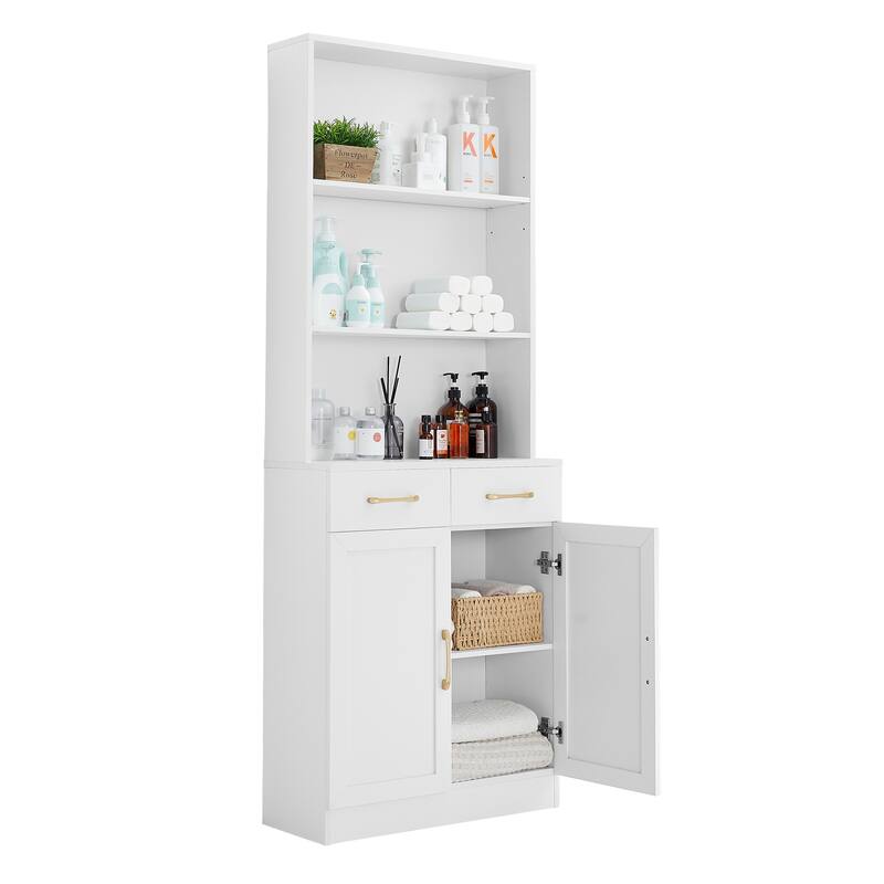 Bookshelf with Two Doors and Drawers, Adjustable Shelf, Three-layer Open Shelf