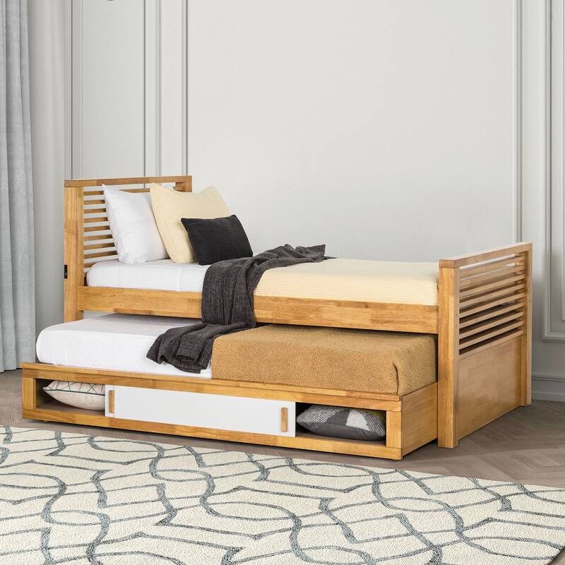 Furniture of America Ogden Modern Light Oak Solid Wood Kids Captain Bed with Trundle and USB Port - Light Oak - Twin