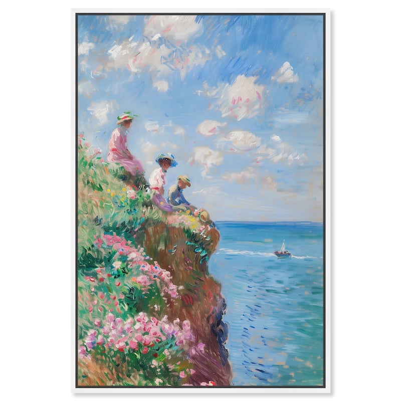 Art Remedy By The Seaside Framed Impressionism 1 Piece Canvas Wall Art /Monet And Van Gogh Inspired Art - 37 x 55 - White