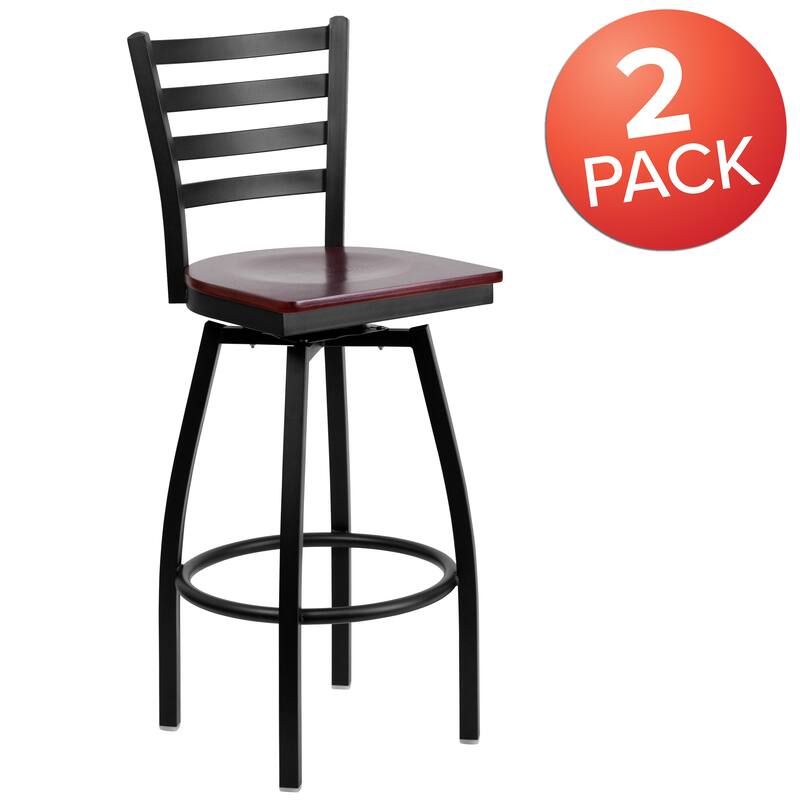 2 Pack Hercules Series Ladder Back Swivel Metal Barstool - 16.5"W x 20.5"D x 44.5"H - 16.5"W x 20.5"D x 44.5"H - Mahogany Wood Seat/ Black Metal Frame