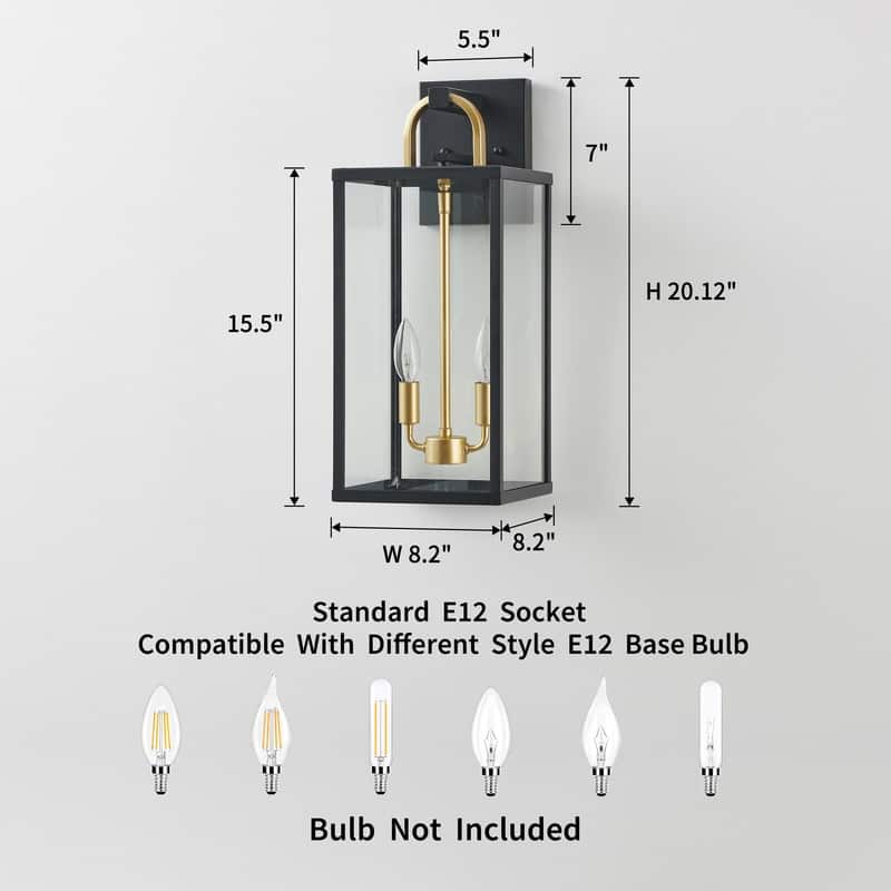 KAWOTI 2-Light Black & Gold Outdoor Lantern Wall Light - W8.25" x H20" x D9.5"