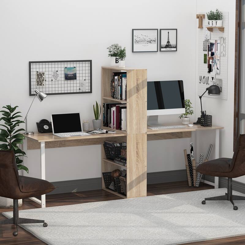 HOMCOM 88” Extra Long 2-Person Computer Desk w/ Bookshelf Combo Double Workstation Storage Unit Home Office - White