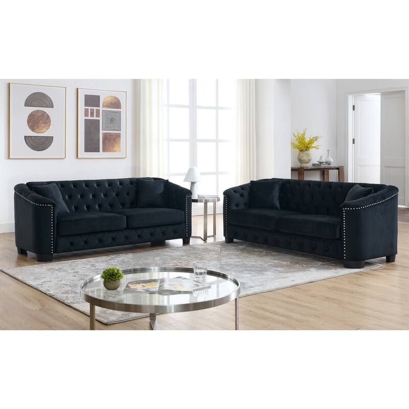 Modern Chesterfield Velvet 3+3 Seater Sofa, Upholstered Tufted Backrests with Nailhead Arms and 2 Cushions for Living Room - Black
