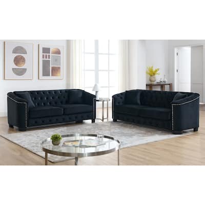 Modern Chesterfield Velvet 3+3 Seater Sofa, Upholstered Tufted Backrests with Nailhead Arms and 2 Cushions for Living Room