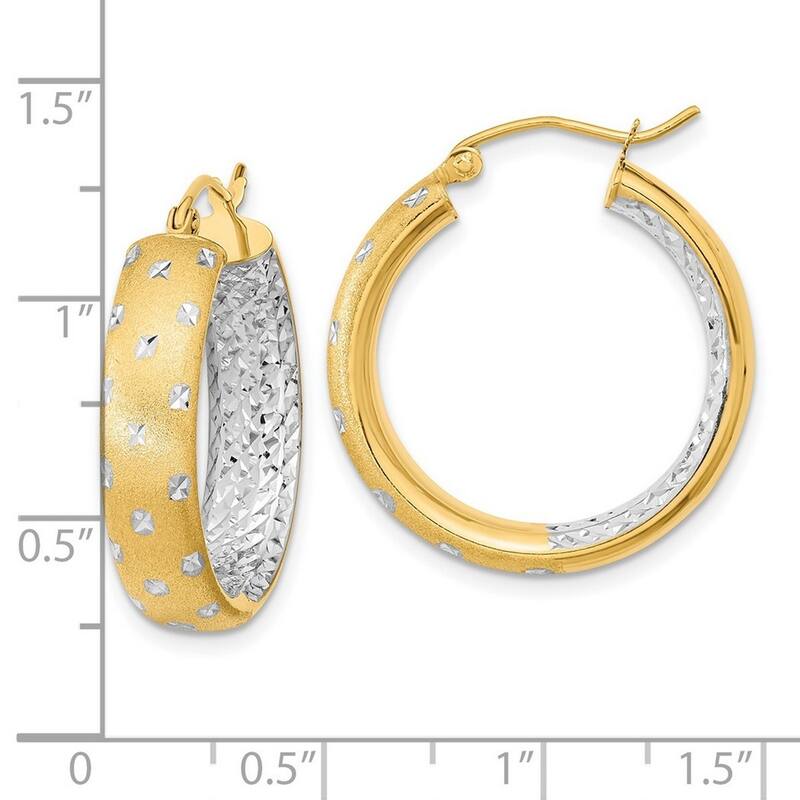 Curata 14k Yellow Gold with Rhodium Satin and Diamond Cut In Out Hoop Earrings 26x5.75mm