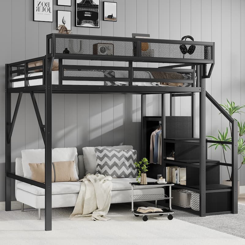 Full Size Loft Bed with Stairs, Metal Full Loft Bed with Storage Shelves, High Loft Bed with Wardrobe for Kids Teens