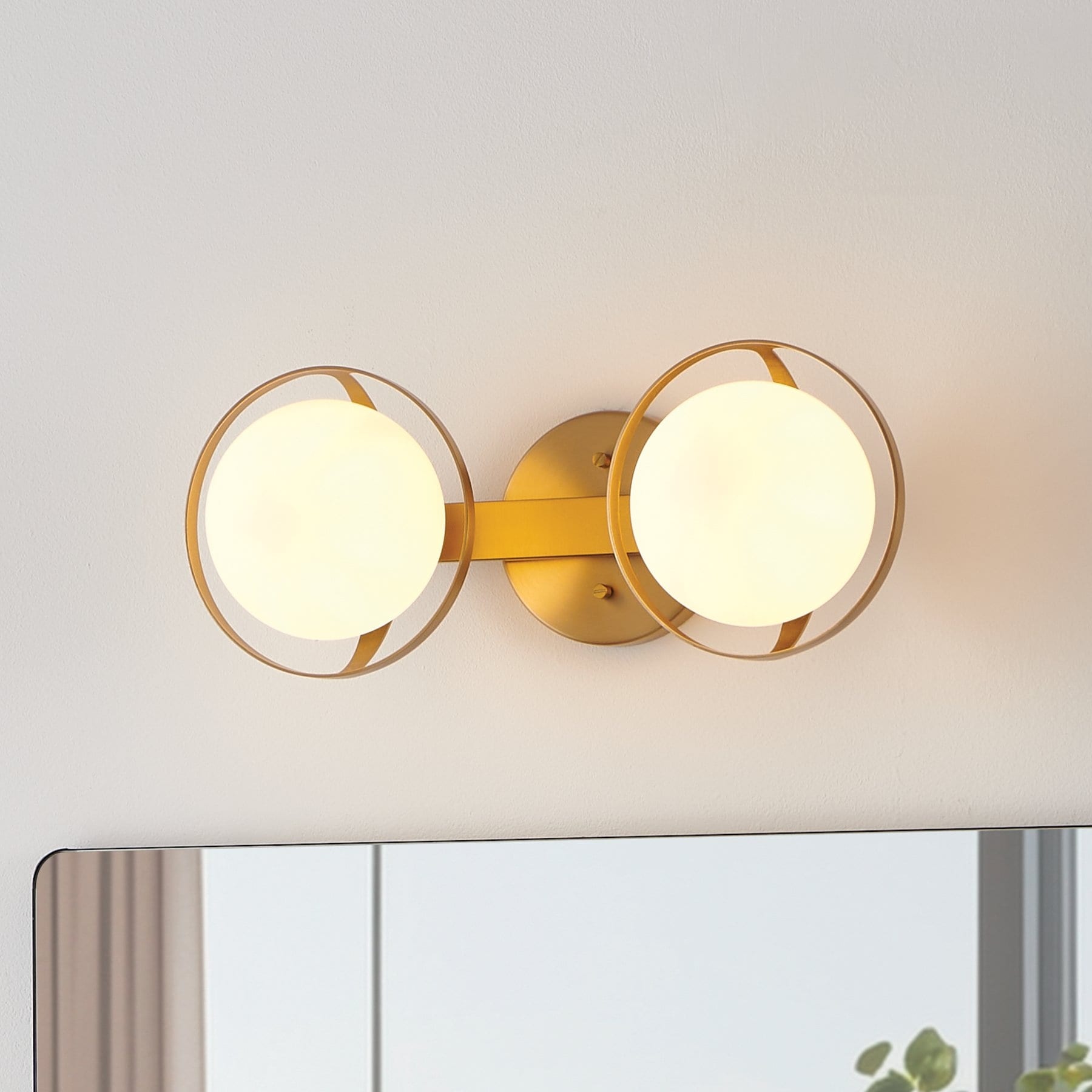 Thesis Parker 16-inch 2-light Champagne Gold Vanity Light with Etched Opal Glass Shades