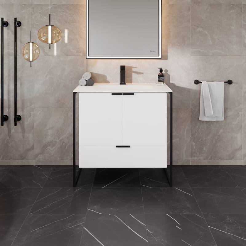 Eviva Onyx Wall Mount Bath Vanity with Solid Surface Top - 34" - White