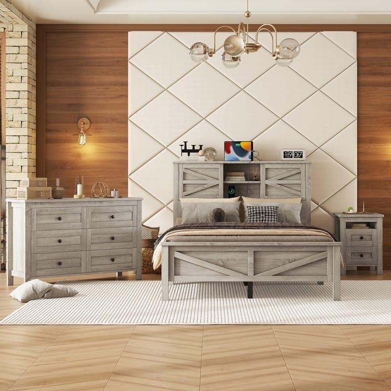 3-Pieces Farmhouse Bedroom Sets, Platform Bed with Sliding Door Storage Headboard and Charging, Nightstand and Dresser - Antique Gray - Full