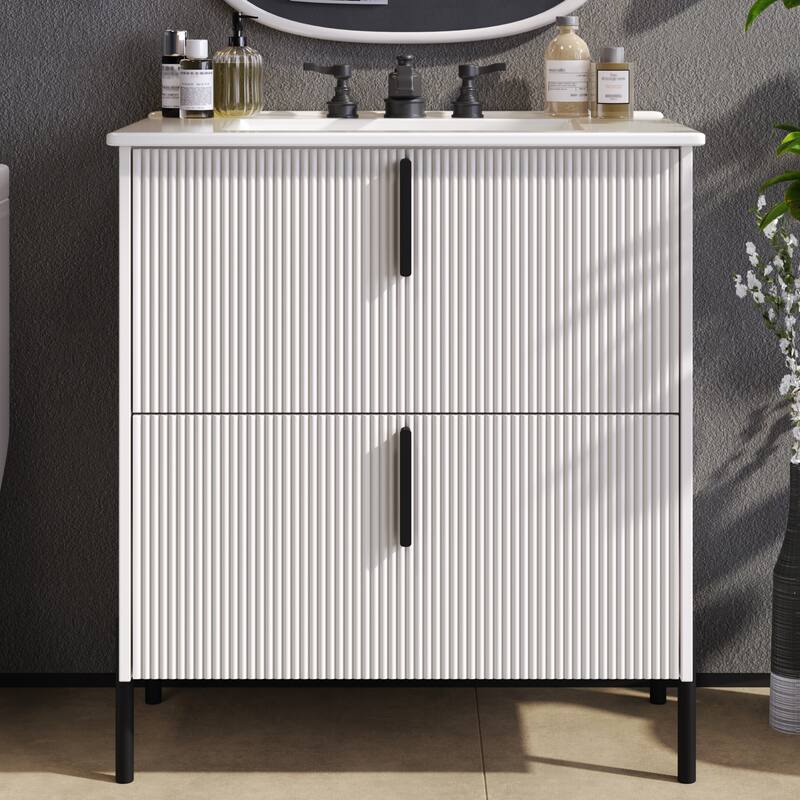 30" Bathroom Vanity with Ceramic Sink and Full-Extension Drawers, Soft Close Undermount Drawer Slides, Fluted Design