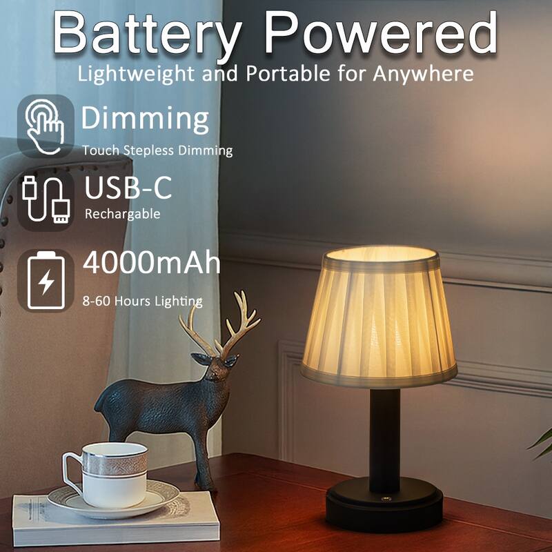 Modern Type-C Rechargeable LED Table Lamp Dimmable Touch Control with Fabric Shade For Bedroom Living Room - W6''