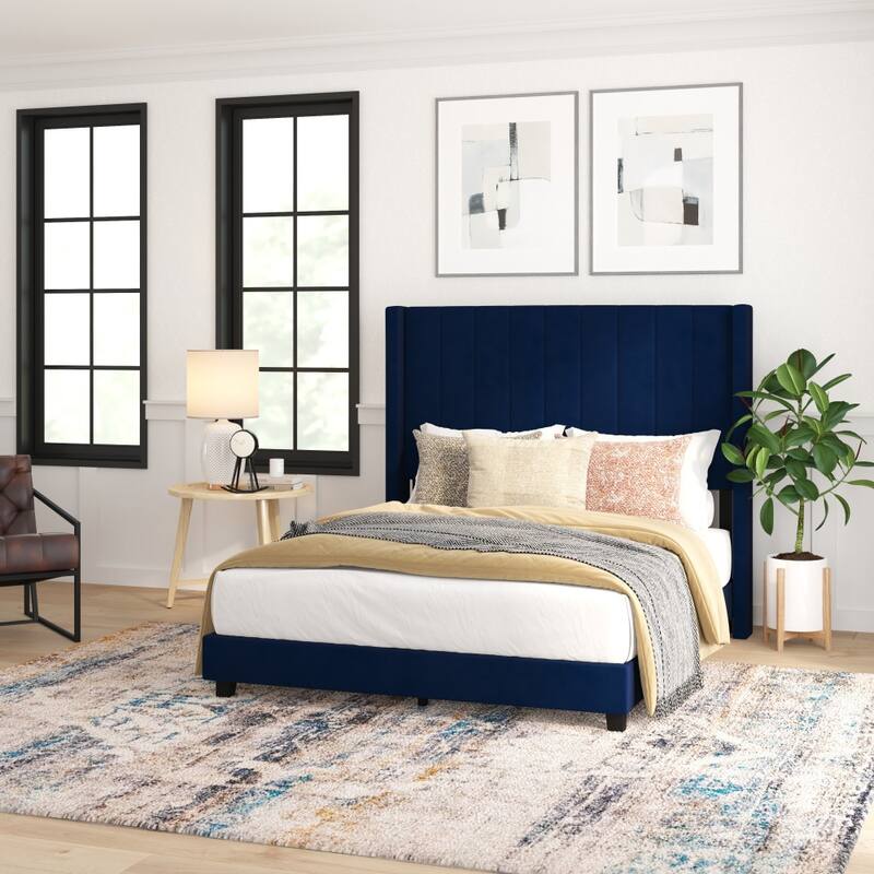 Upholstered Platform Bed with Wingback Headboard
