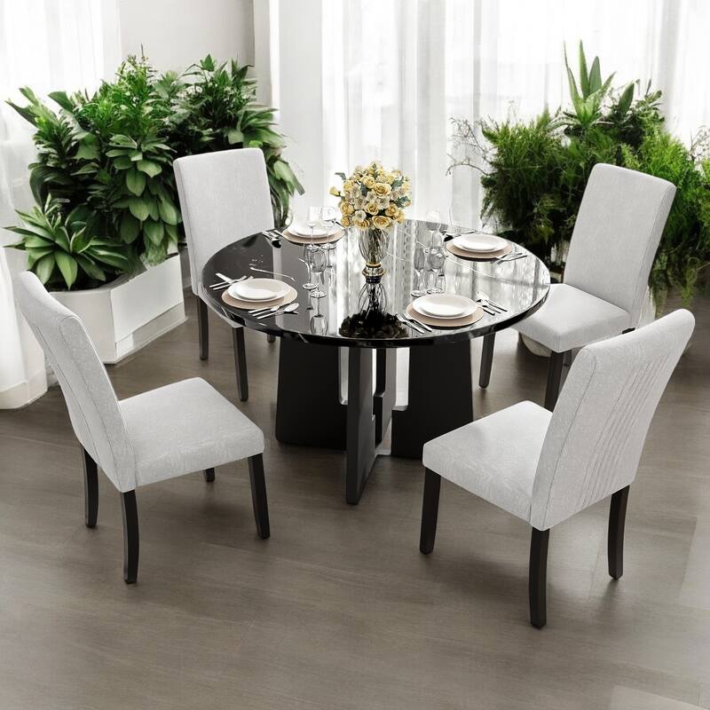 5-Piece Round Dining Table Set, 43-Inch MDF Table with 4 Upholstered Chairs for Kitchen, Dining Room, Living Room