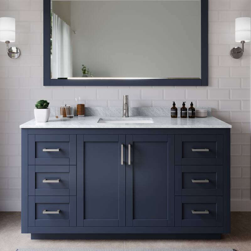Wyndham Collection Miranda 60" Free Standing Single Basin Vanity Set - Dark Blue / White Carrara Marble Top / Brushed