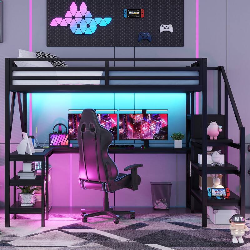 Roomfitters Full/Queen Loft Platform Bed, L-Shaped Desk and LED Wardrobe with Metal Frame for Bedroom or Guest Room