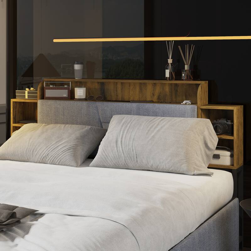 French Queen Size Bed Frame Platform with Brown/Black Storage Headboard & 4 Storage Drawers