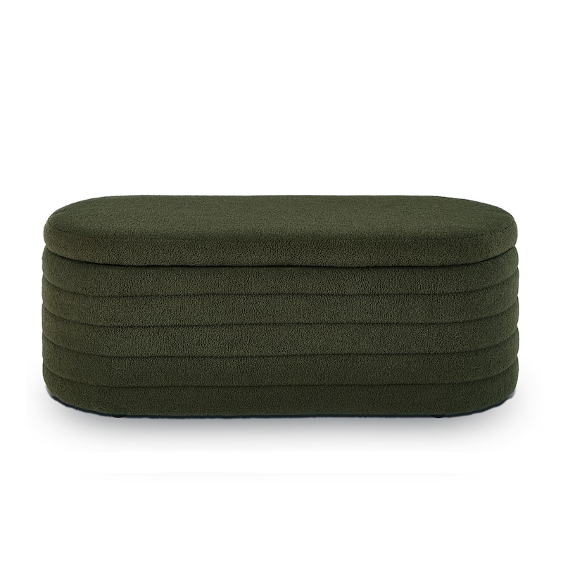 Modern Oval Storage Ottoman Bench, Upholstered Boucle Teddy Fabric End of Bed Bench