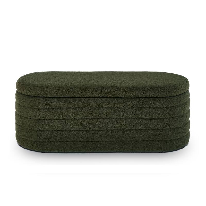 Modern Oval Storage Ottoman Bench,Boucle Teddy Fabric End of Bed Bench with Storage,End of Bed Stool with Safety Hinge