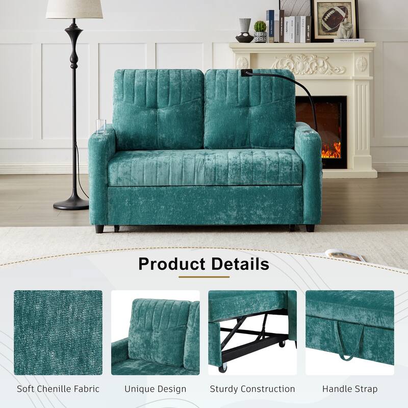 Chenille Loveseat Convertible Pull-out Sleeper Sofa Bed, Tufted Couch w2 Cup Holders Phone Holder & 3 USB Ports, Pockets