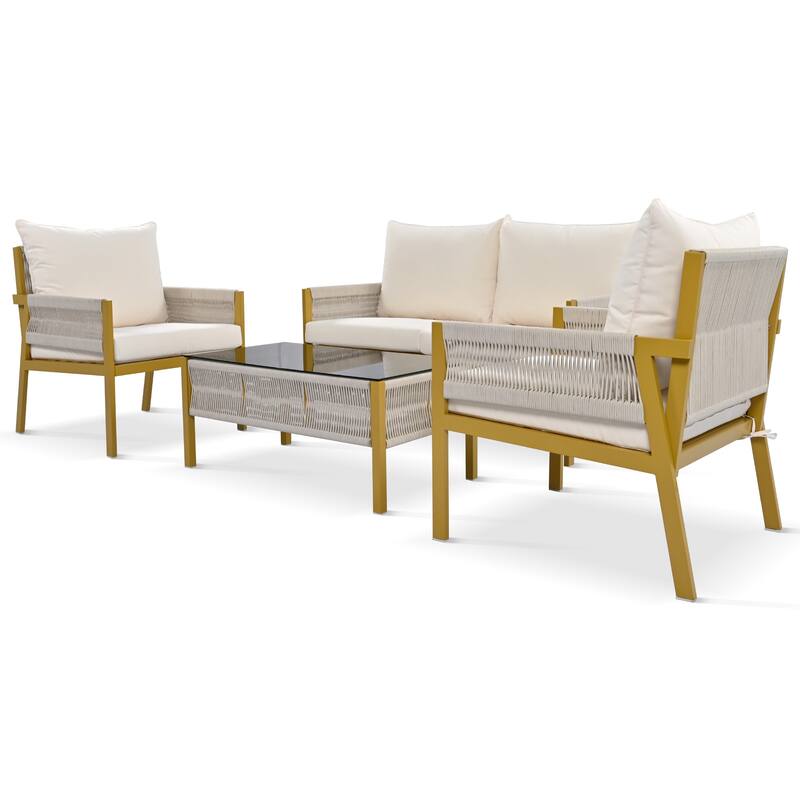 4-Piece Patio Furniture Set, Outdoor Garden Conversation Set with Tempered Glass Table, Deep Seating and Thick Cushion