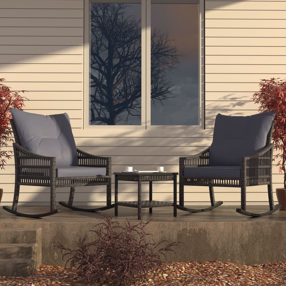 VEIKOUS 3-Piece Outdoor Wicker Patio Porch Rocking Chair and Rattan Coffee Table Set with Cushions and Pillows