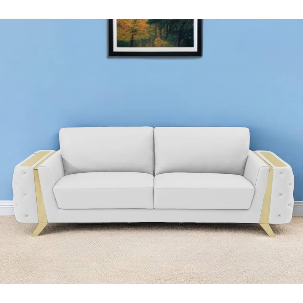 HomeRoots 90" White Italian Leather Sofa With Gold Legs