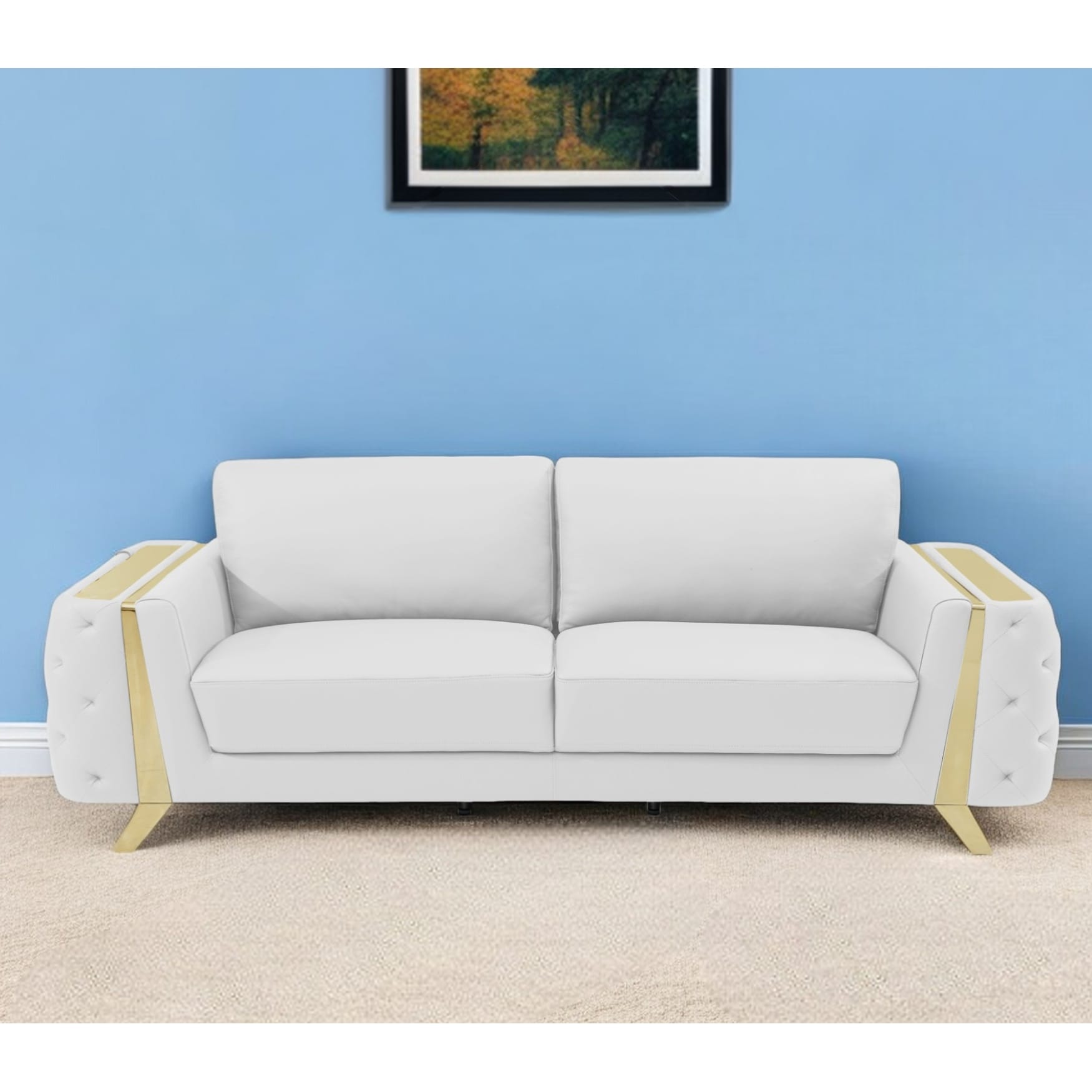 HomeRoots 90" White Italian Leather Sofa With Gold Legs