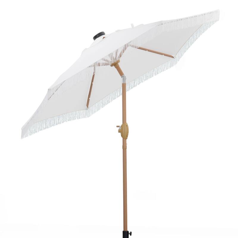 Ainfox 7FT Outdoor Patio Umbrella with Tilt Fringe Tassel Umbrella with LED Solar Lights