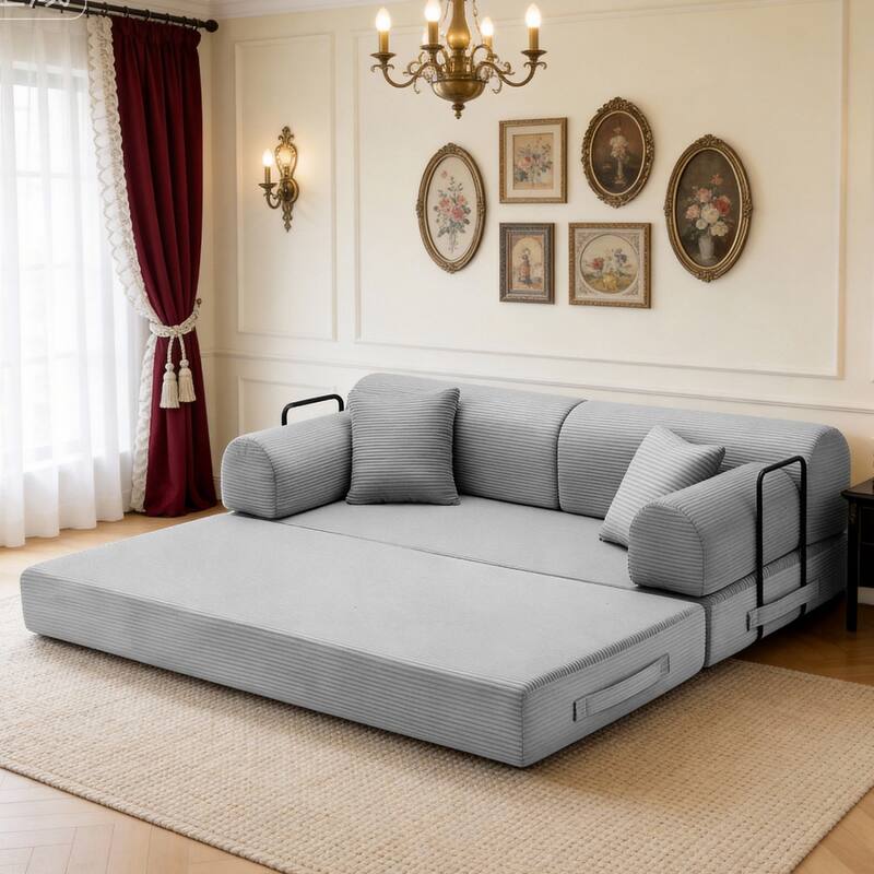 78.74" Corduroy Folding Mattress Sofa with Cylindrical Pillow