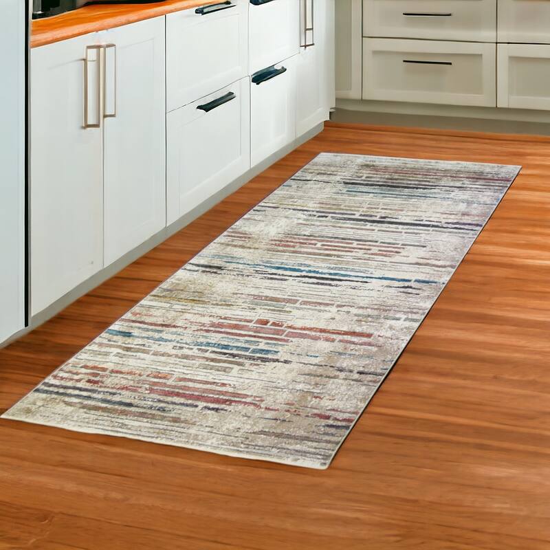 Cele Distressed Geometric Modern Stain Resistant Woven with Fringe Area Rug By HomeRoots - 8' Runner - Beige - Runner