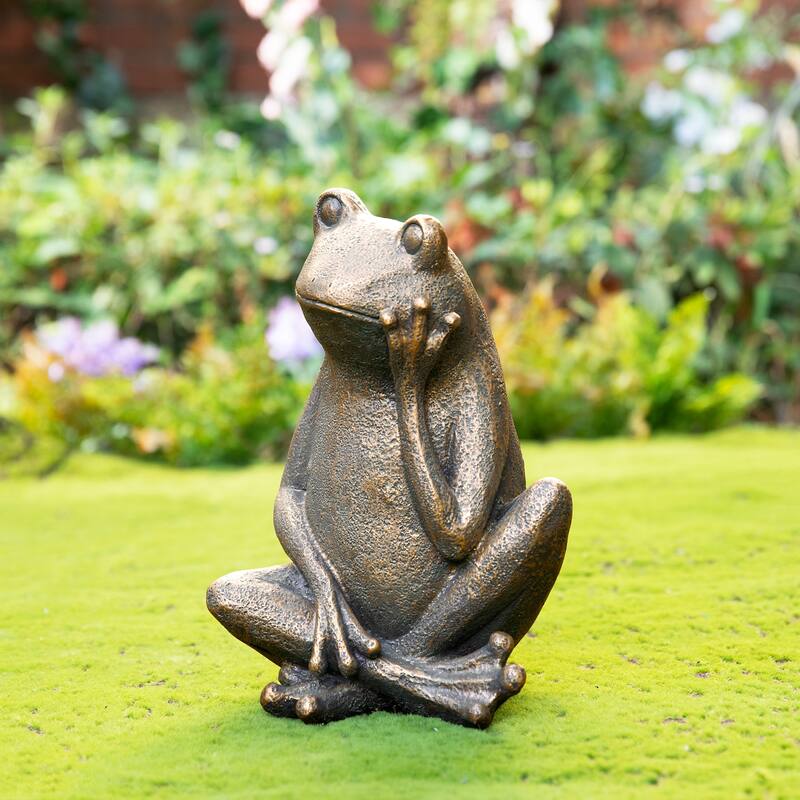 Glitzhome 12''H Resin Bronze Squatting Sitting Frog Statue