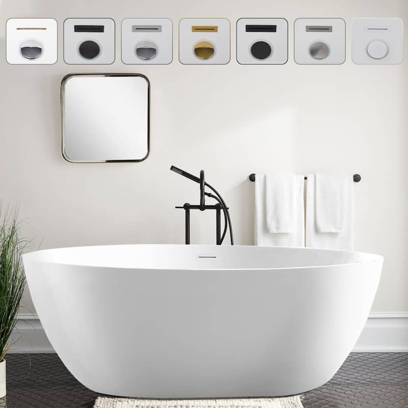 Vanity Art 55" Freestanding Acrylic Soaking Bathtub with Slotted Overflow & Pop-up Drain - 55/Soaking - Pure White