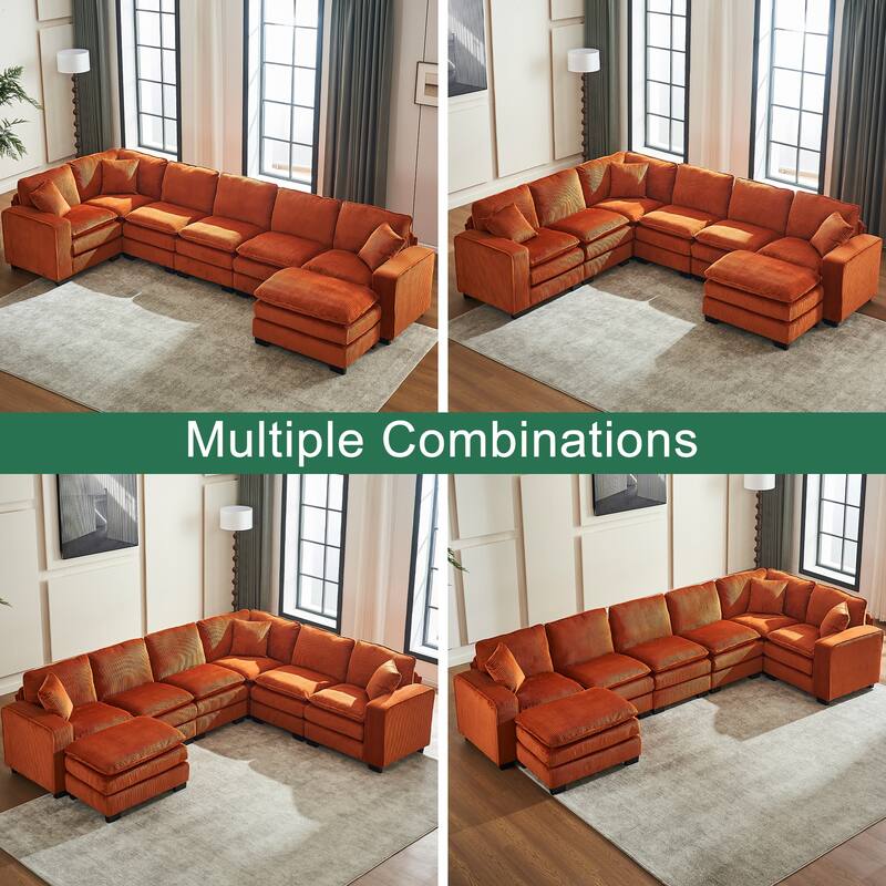 Modular Sectional Sofa for Living Room, U Shaped Sofa Couch with Ottoman and Three Toss Pillows, Corduroy Fabric Sofa Set