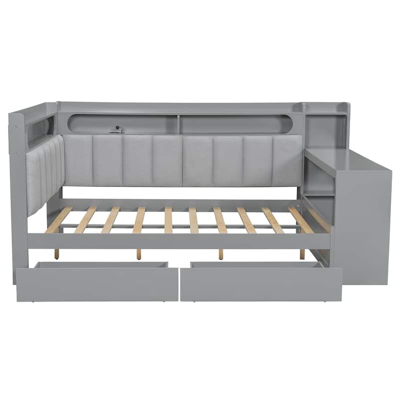 Full Daybed with Storage Shelves Built-in Charging Station LED Light, L-shape Upholstered Sofa Bed with 2 Drawers, Cabinet, Desk