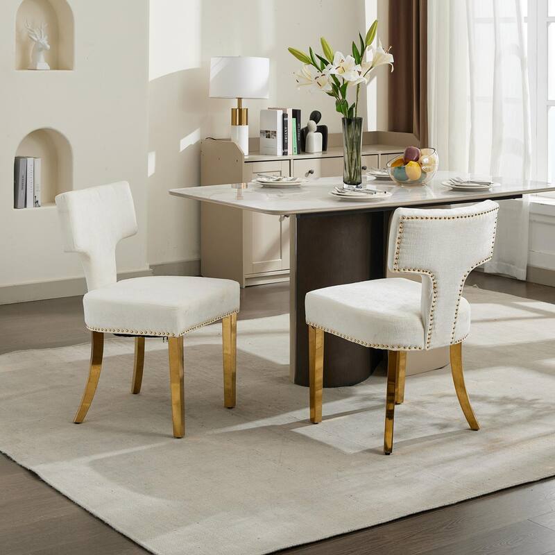 GDF Studio - Mid-Century Chenille Upholstered Dining Chairs with Curved Back & Golden Stainless Steel Legs, Set of 2