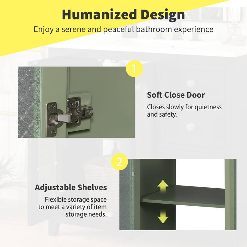 36" Green Bathroom Vanity with Ceramic Sink, Gold Metal Handles, Patterned Glass Doors, 3 Drawers & Adjustable Shelf