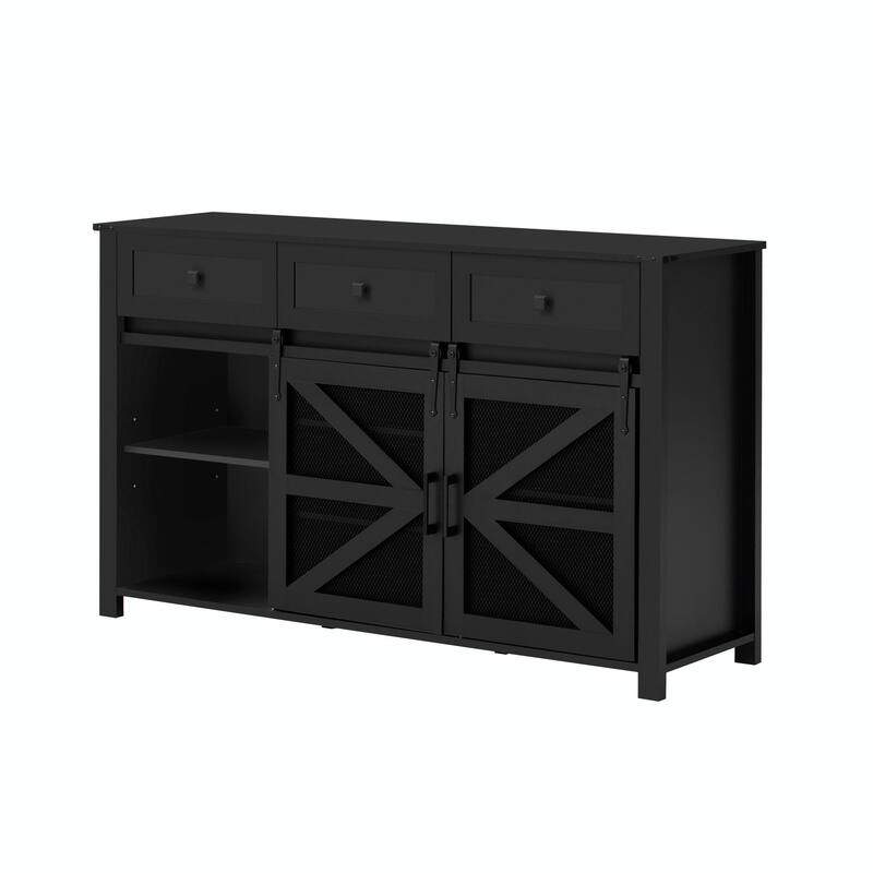 55'' Sliding Barn Door Sideboard with 3 Drawers, Particle Board & Metal Mesh Storage Cabinet