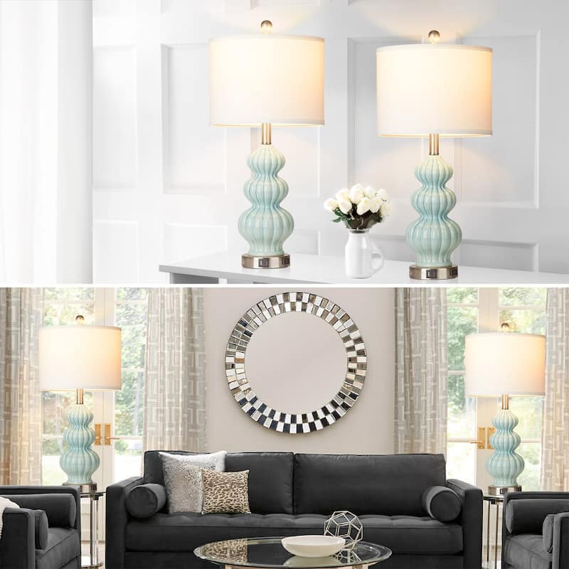 Table Lamps Ceramic Cyan Drum Shade USB Charging Port AC Outlet Touch Switch (Set of 2) - 12'' x 12'' x 25'' (L x W x H)