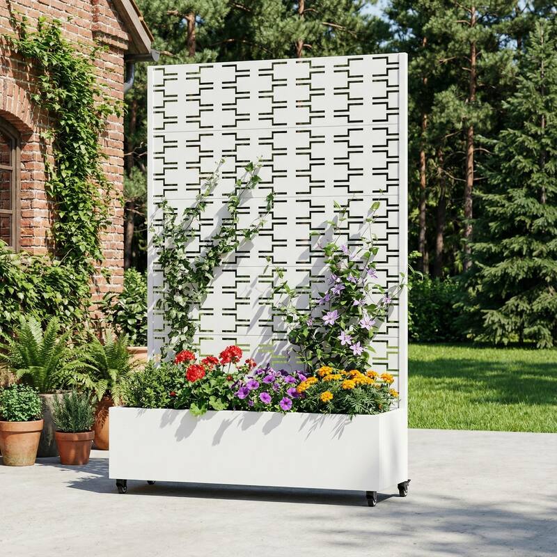 Metal Planter Box with Trellis Privacy Screen Planter Box with Lockable Wheels - White-Rectangle - 72"x47"