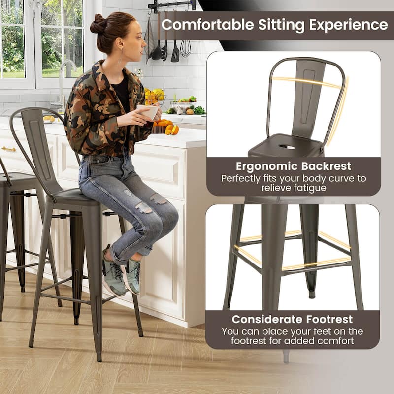 Costway Set of 4 High Back Metal Stool 30'' Seat Bar Height Industrial
