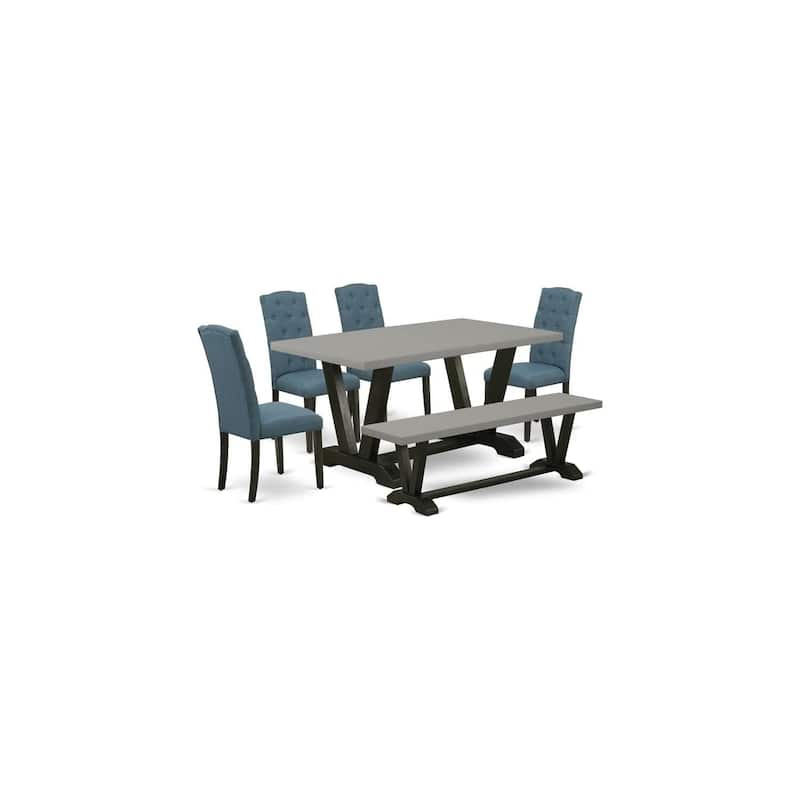 Gothic Glamour 6-Piece Dining Set - Table, Bench & 4 Modern Chairs - Black & Blue Linen Fabric