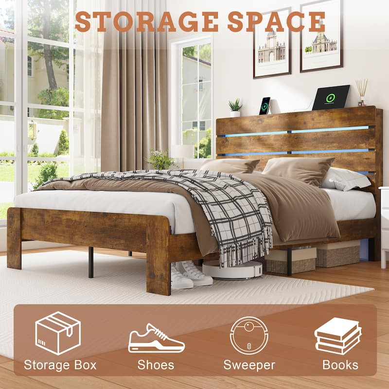 Bed Frame with Headboard and Footboard, with Under Bed Storage, LED Lights, Charging Station