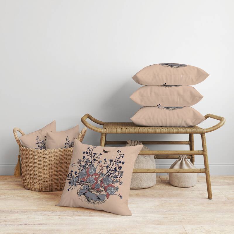 Elegant Floral Bouquet Faux Suede Reversible Throw Pillow Gray and Almond