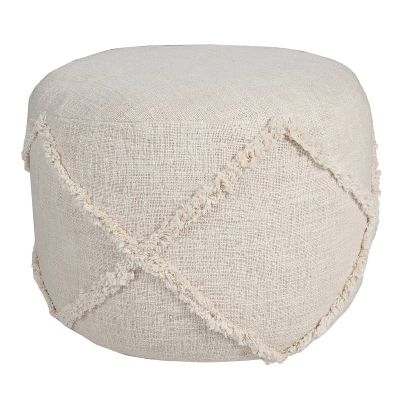 HomeRoots 18" Cream Cotton Cylinder Geometric Pouf Ottoman